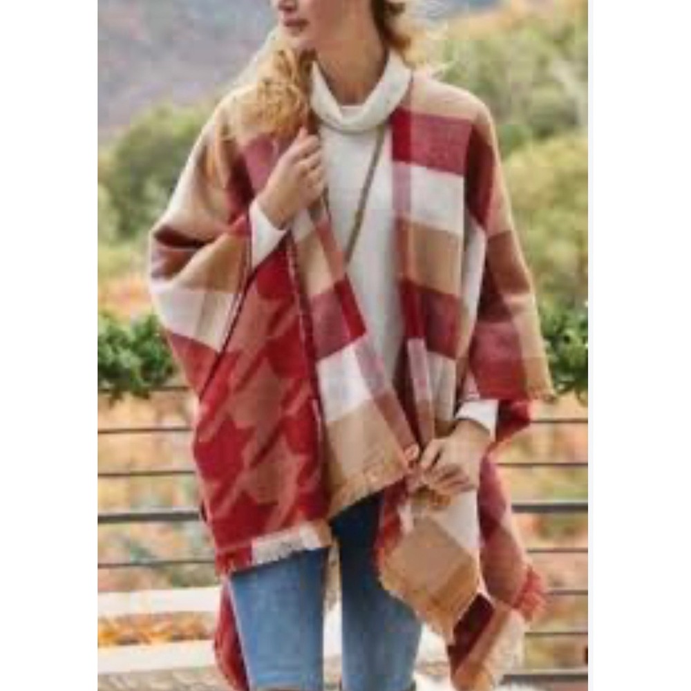 Soft Surroundings Buffalo Wrap Red Plaid Fringe Cozy Western Poncho Wrap New